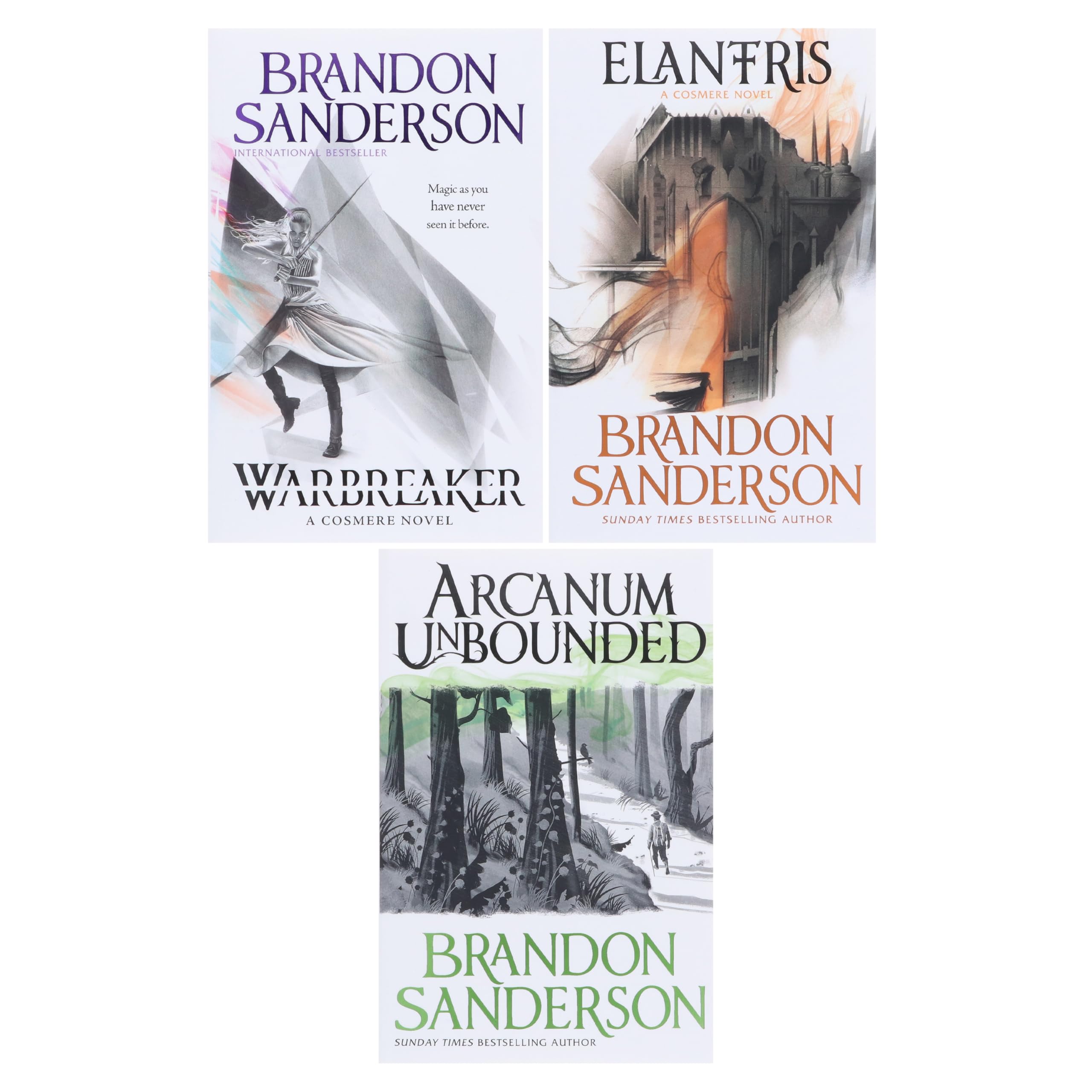 Spines of all three Brandon Sanderson paperbacks lined up side by side
