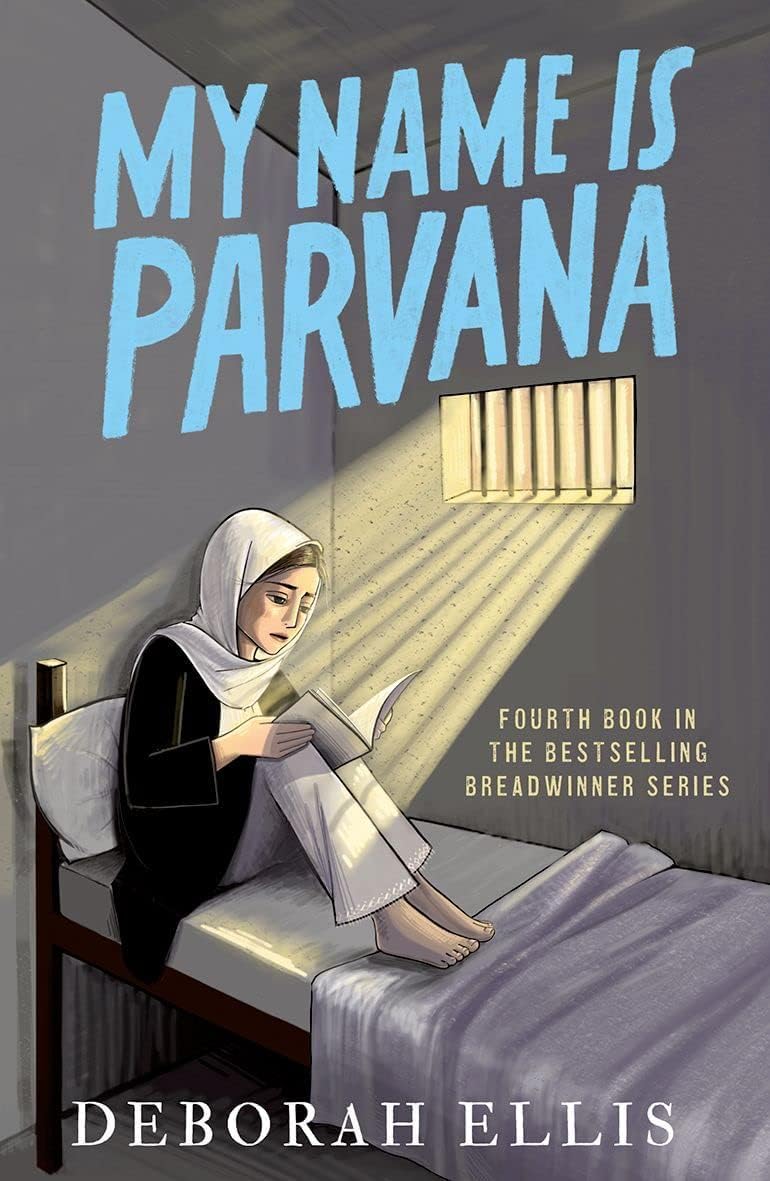 Close-up of the Breadwinner series paperback set showing book edges and title details