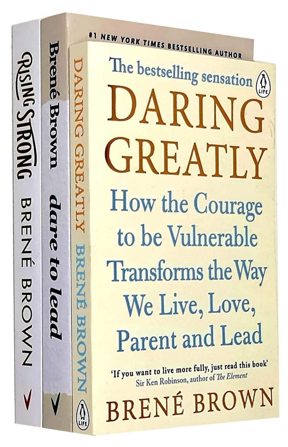 Brené Brown 3 Books Collection Set paperback front covers of Dare to Lead, Daring Greatly, and Rising Strong stacked together.