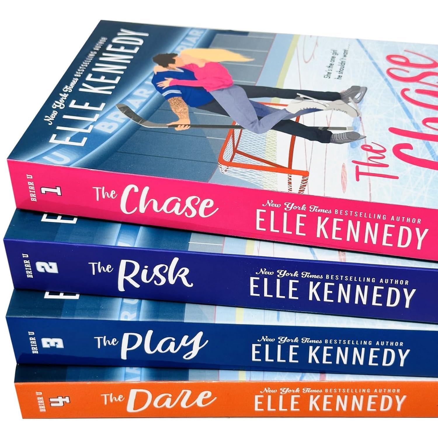 All four Briar U Series paperback covers by Elle Kennedy displayed together showing the colorful hockey romance cover art.