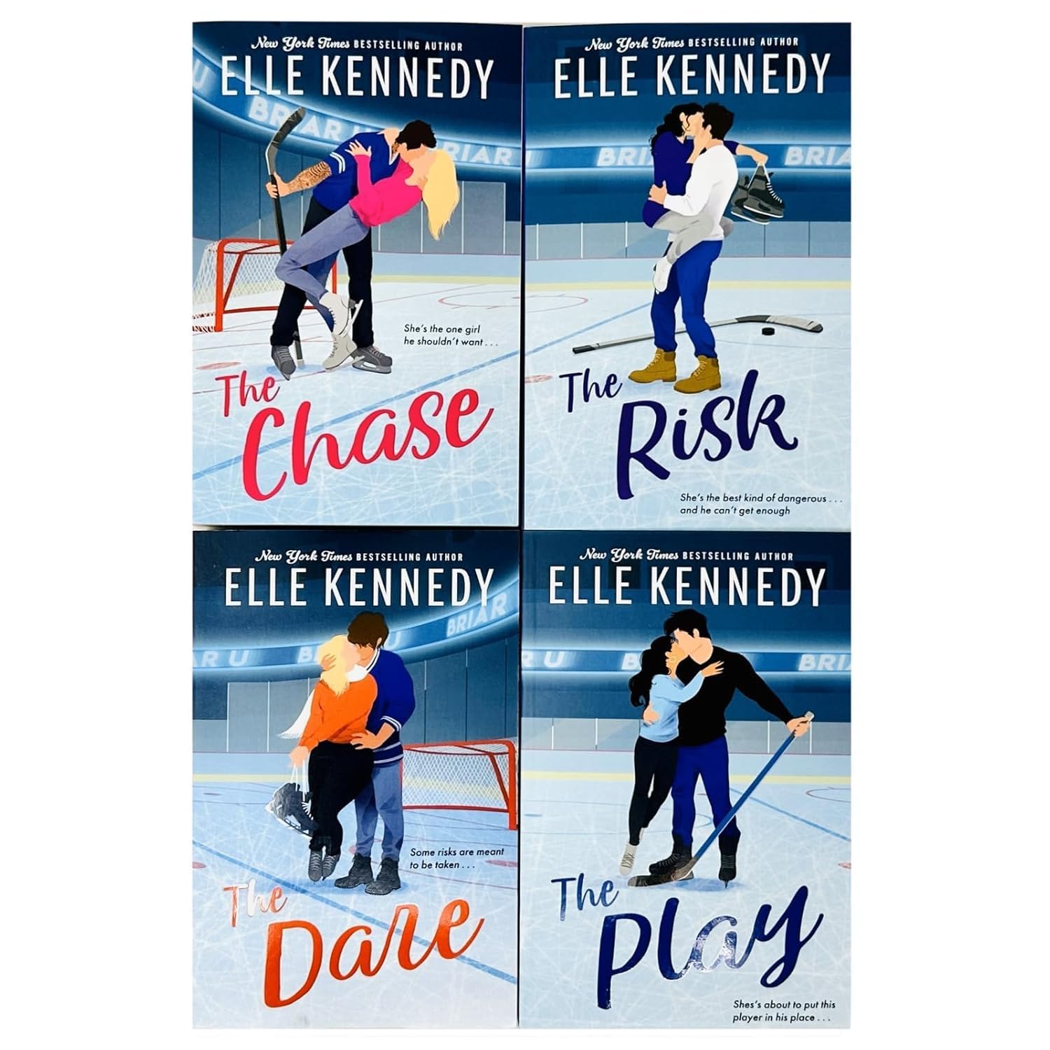 Close-up of the Briar U Series paperback book spines by Elle Kennedy, showing titles The Chase, The Risk, The Play, and The Dare.