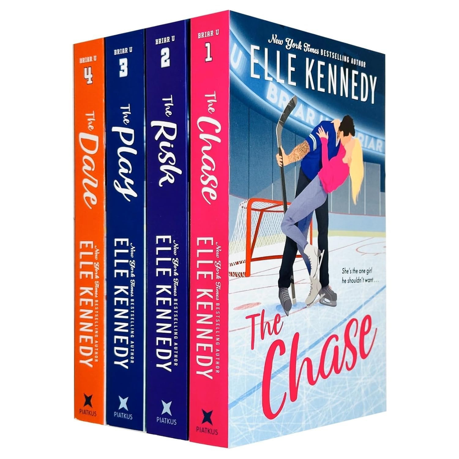 Front cover of the Briar U Series 4-book paperback collection set by Elle Kennedy featuring The Chase, The Risk, The Play, and The Dare.