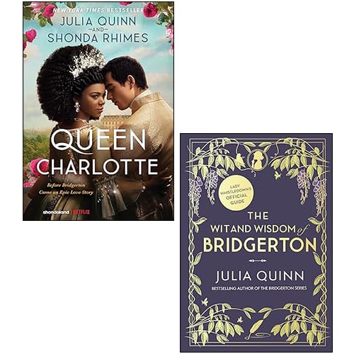 Front covers of the Bridgerton 2 books collection set by Julia Quinn, featuring The Wit and Wisdom of Bridgerton hardcover and Queen Charlotte paperback