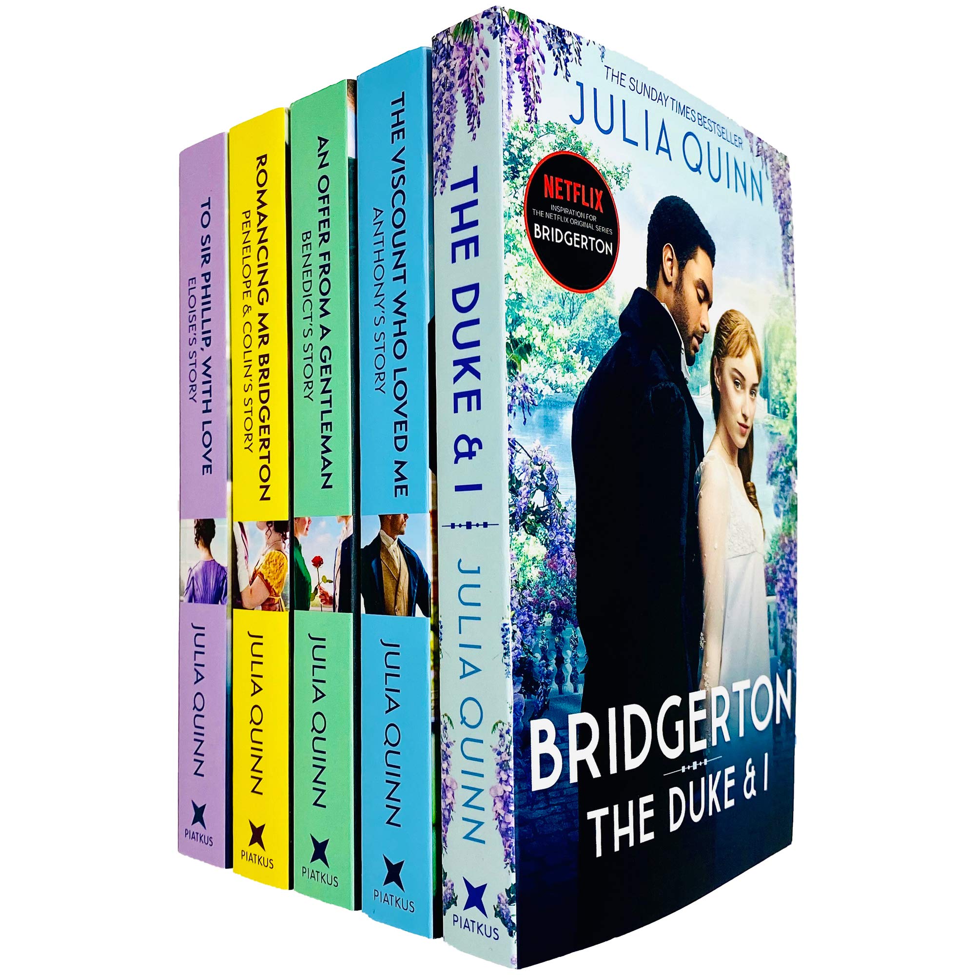 Full set of 5 Bridgerton paperback novels by Julia Quinn fanned out showing all book spines and covers