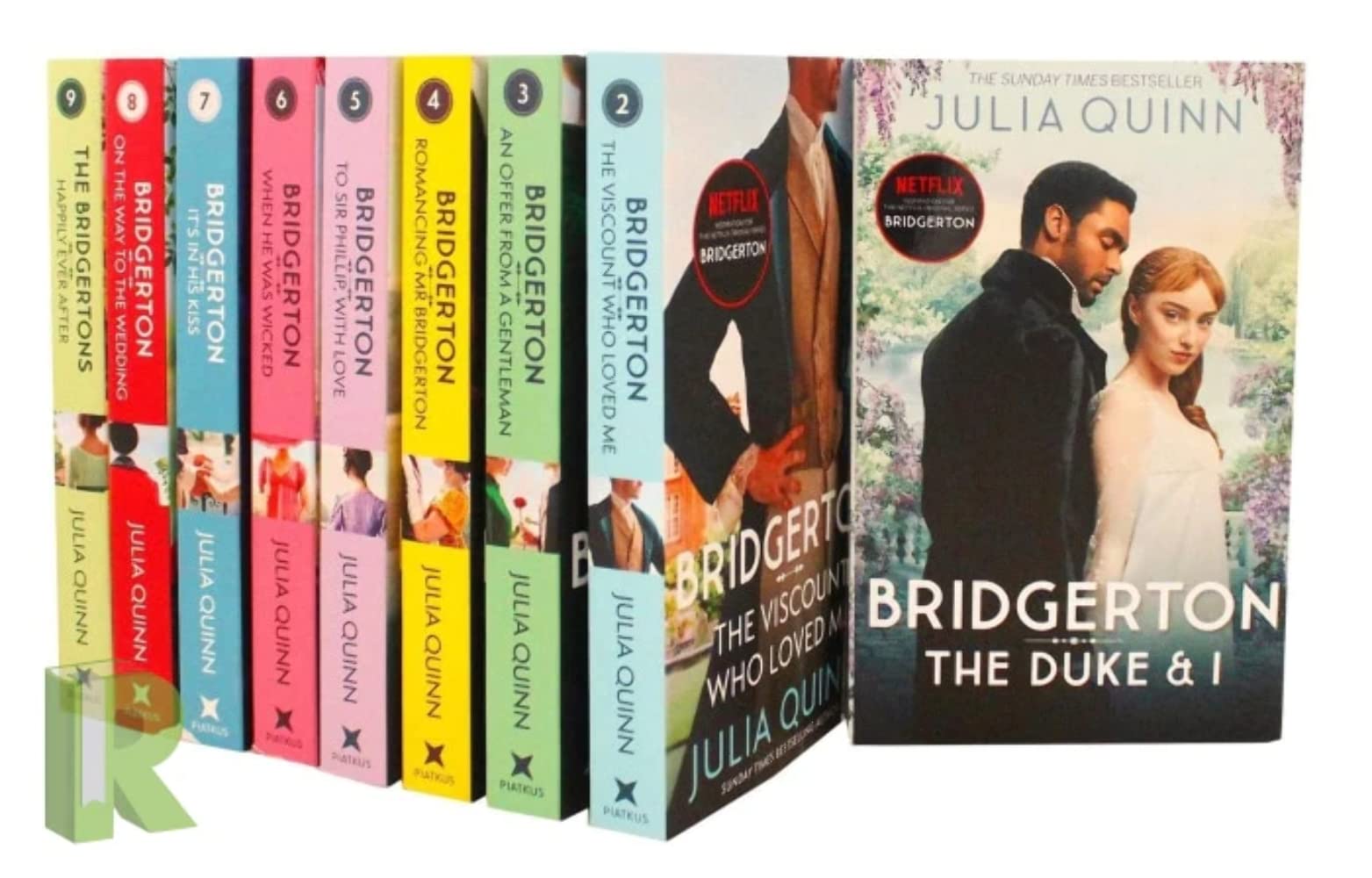 All nine Bridgerton paperback novels by Julia Quinn fanned out showing each colorful spine and cover design