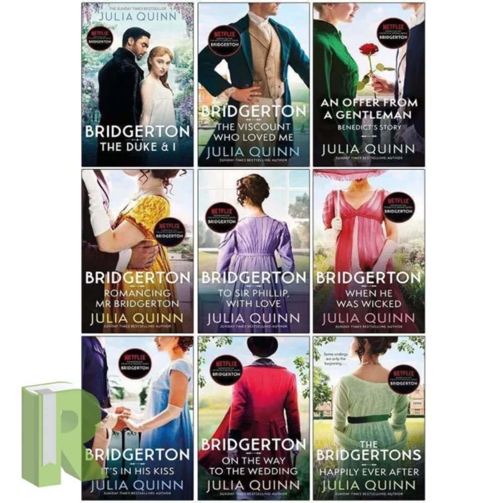 Stacked view of the Bridgerton 9-book paperback set by Julia Quinn highlighting the Netflix-inspired cover artwork