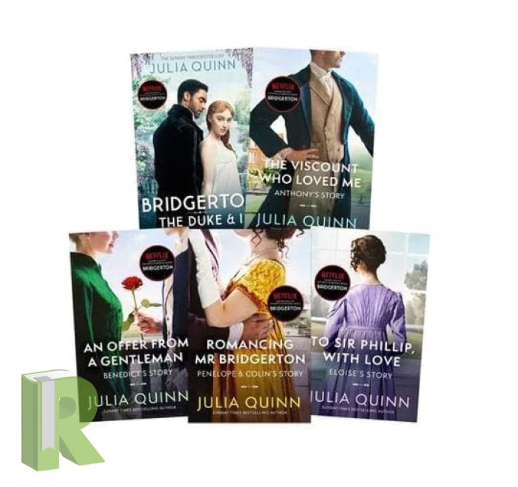 Angled display of the complete Bridgerton family series paperback collection by Julia Quinn showing book thickness and covers