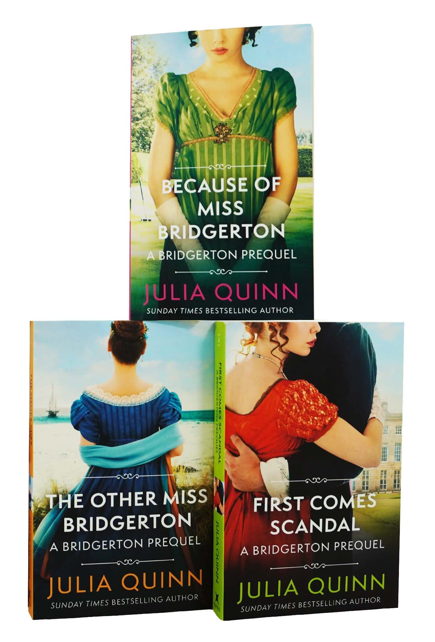 A Bridgerton Prequel Series by Julia Quinn 3 books collection set paperback front cover, featuring Because of Miss Bridgerton, The Other Miss Bridgerton, and First Comes Scandal