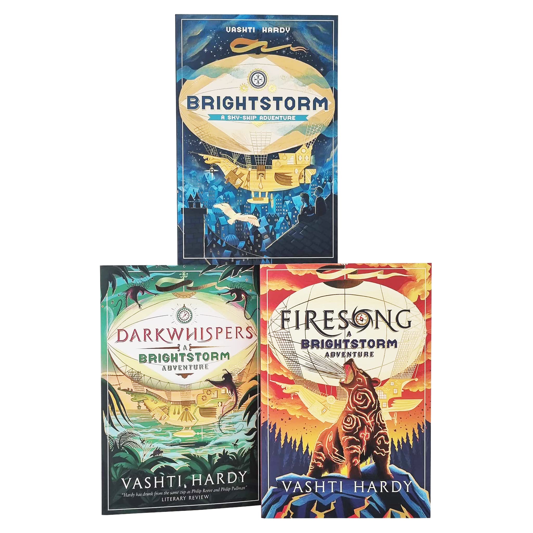 Back covers and spines of the Brightstorm, Darkwhispers, and Firesong paperback books by Vashti Hardy fanned out together