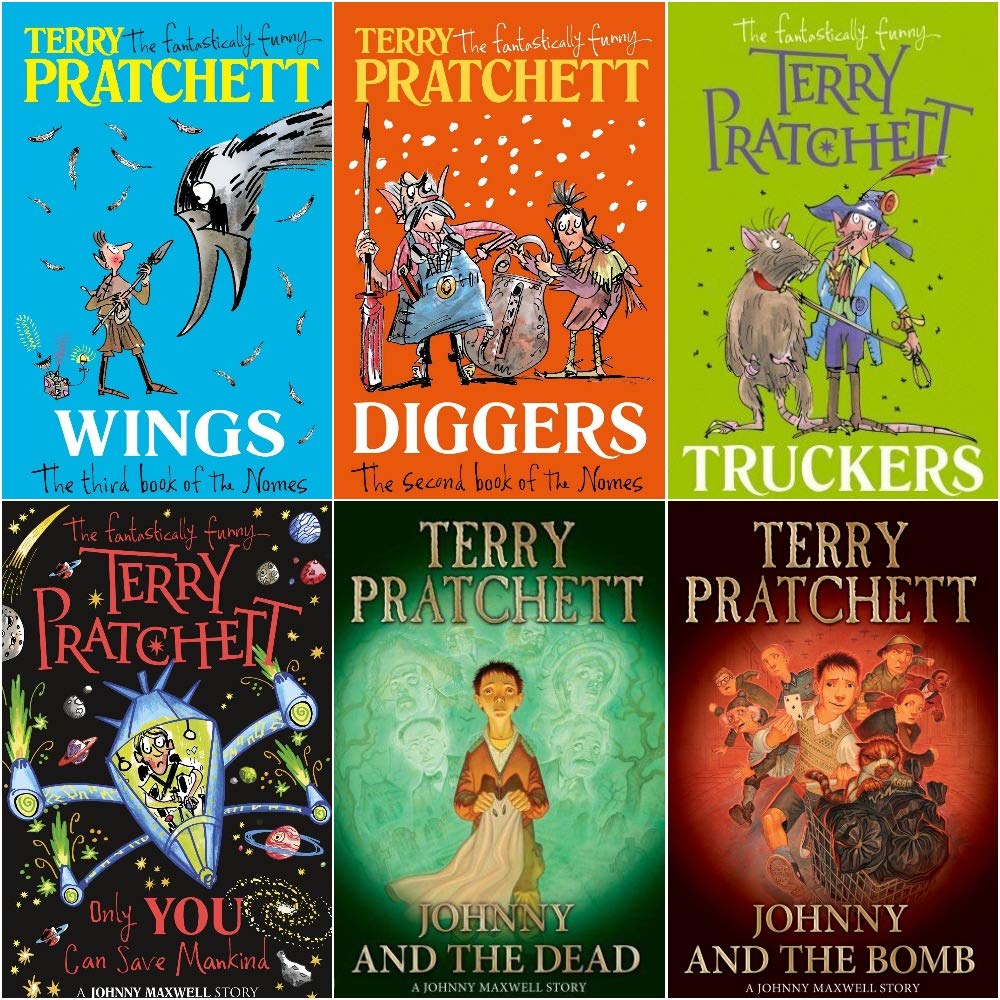 All six paperback titles from the Terry Pratchett Bromeliad and Johnny Maxwell collection fanned out, showing Corgi Children's branding.