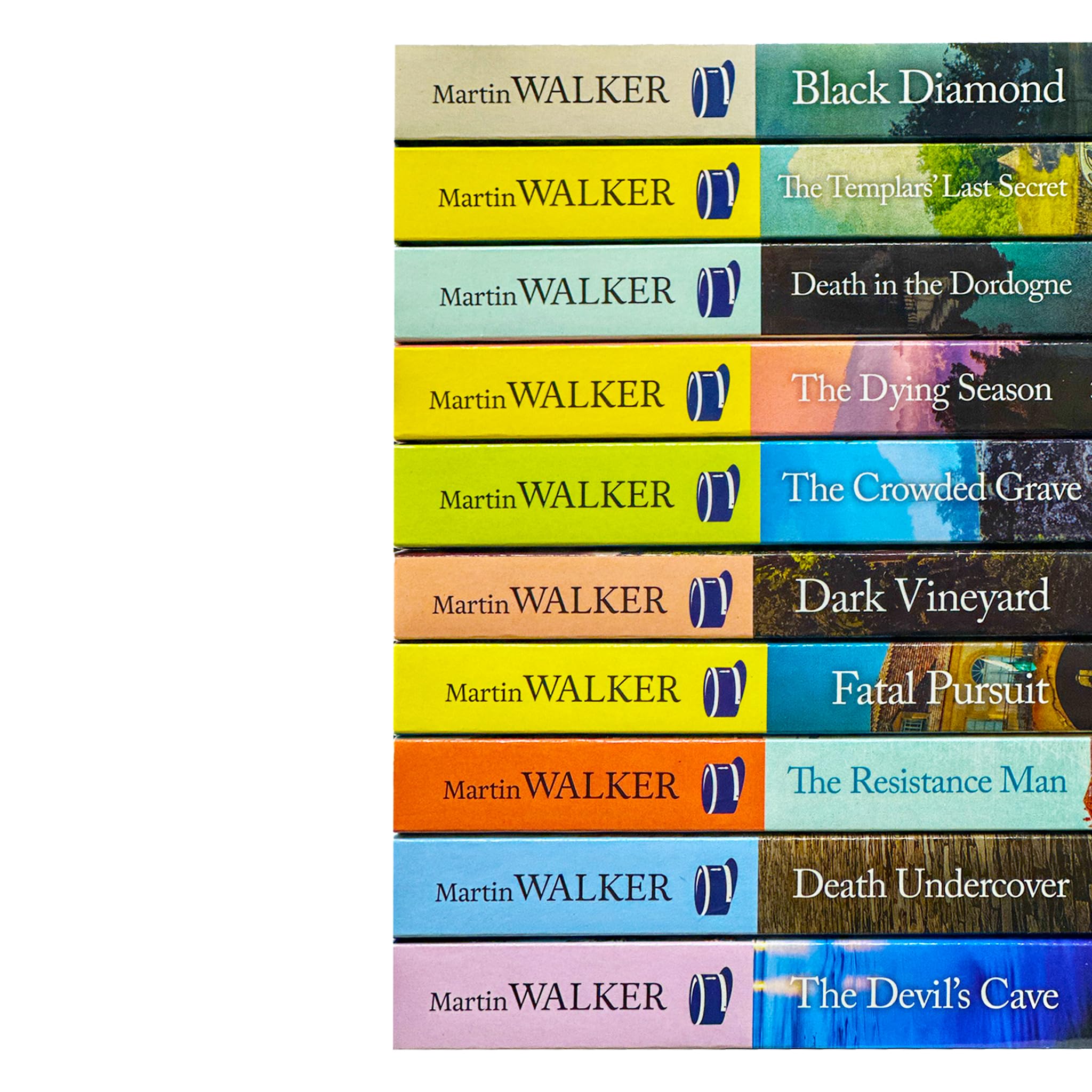 Full 10-book Bruno Chief of Police Dordogne Mysteries paperback set by Martin Walker fanned out showing all titles