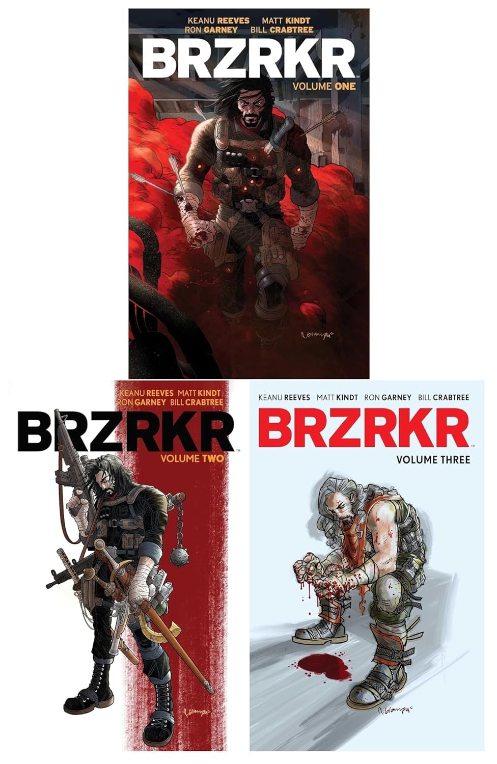 BRZRKR Vol. 1-3 Collection Set by Keanu Reeves, Matt Kindt and Ron Garney - 3 book paperback graphic novel set front cover