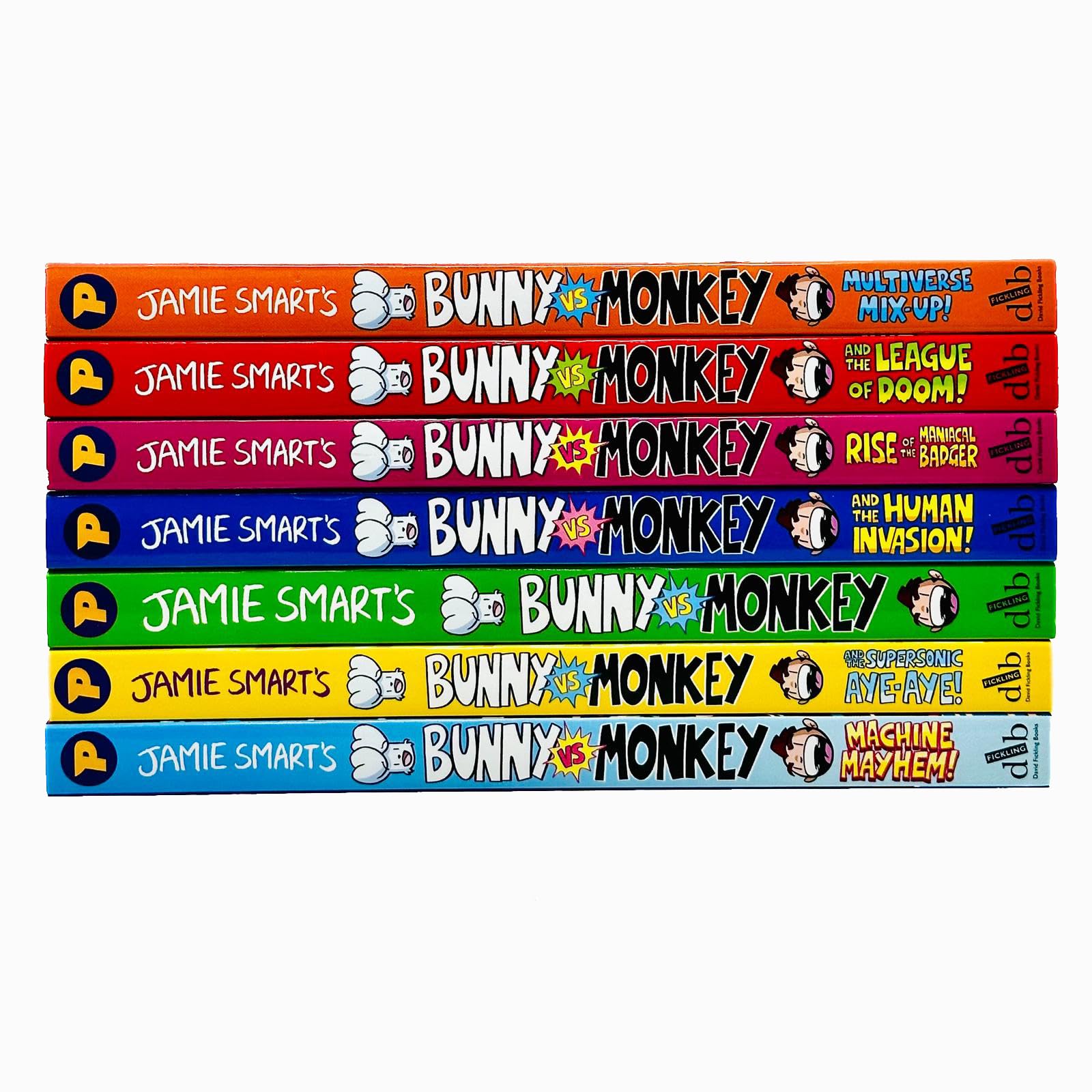 The Bunny vs Monkey 7-book paperback set by Jamie Smart stacked together, displaying playful cartoon characters across every spine and cover.