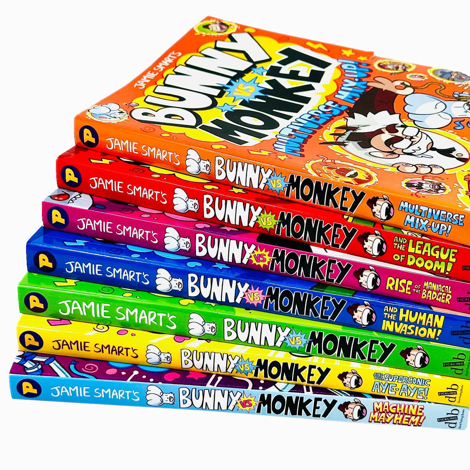 An angled view of all seven Bunny vs Monkey paperback books by Jamie Smart, highlighting the bright, energetic artwork on each cover.