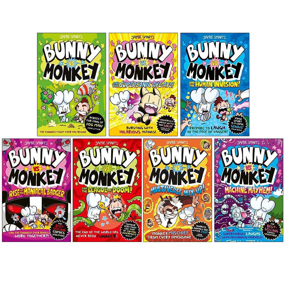 Close-up of Bunny vs Monkey paperback covers by Jamie Smart, published by David Fickling Books, showing the comic-style character designs.