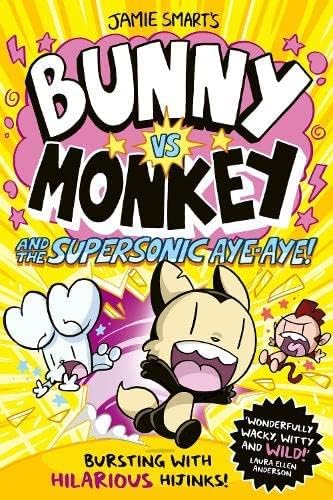 Spines of all seven Bunny vs Monkey paperback books by Jamie Smart lined up in a row, showing the matching series design for ages 5 and up.
