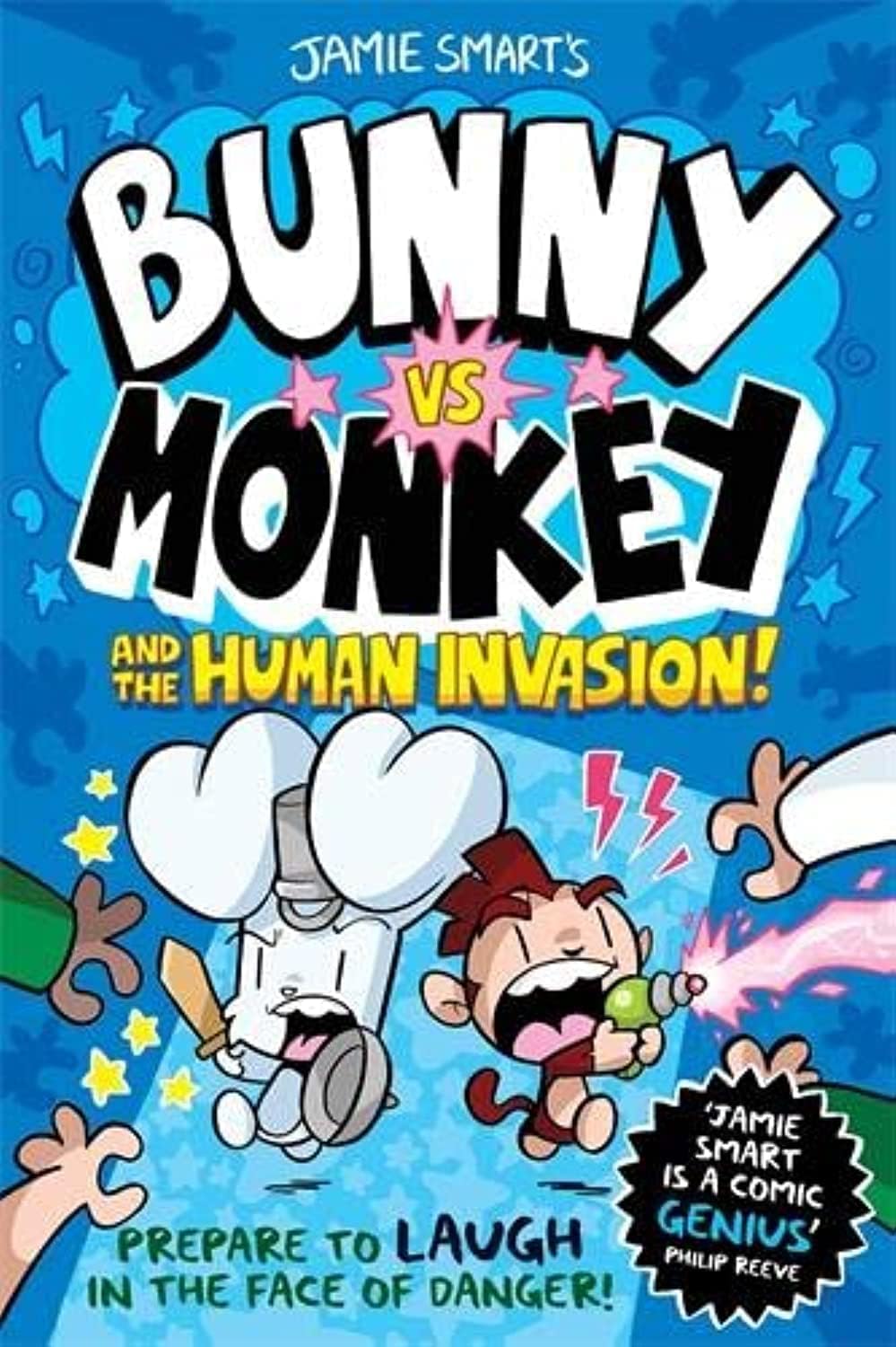 Overhead view of the Bunny vs Monkey 7-book paperback collection by Jamie Smart fanned out on a flat surface.