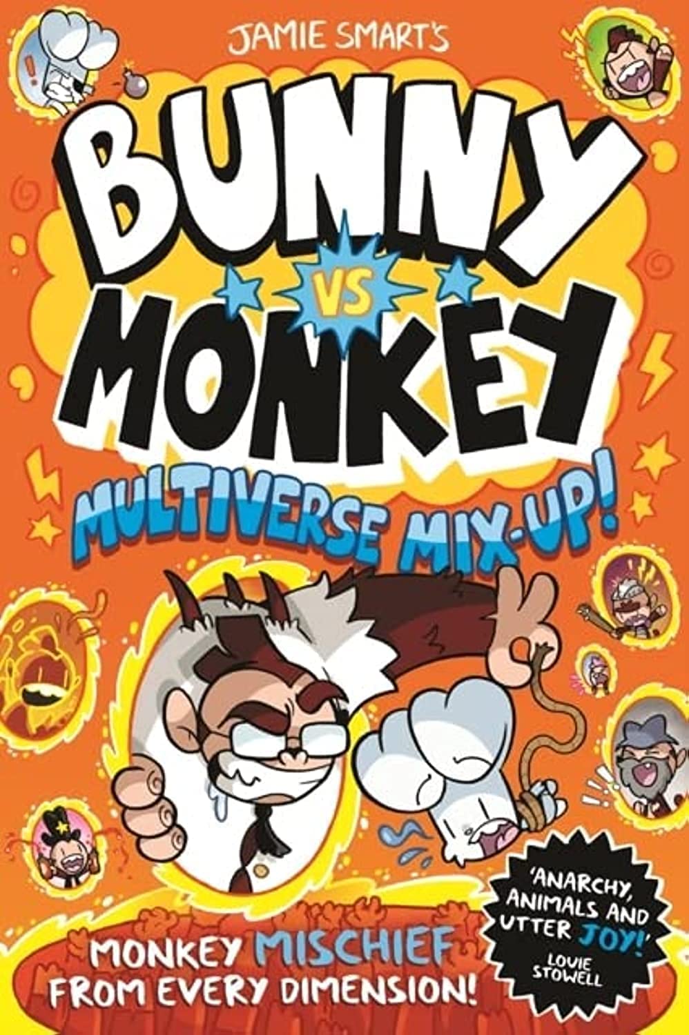 Back cover of a Bunny vs Monkey paperback by Jamie Smart showing the blurb and comic-style artwork for young readers.