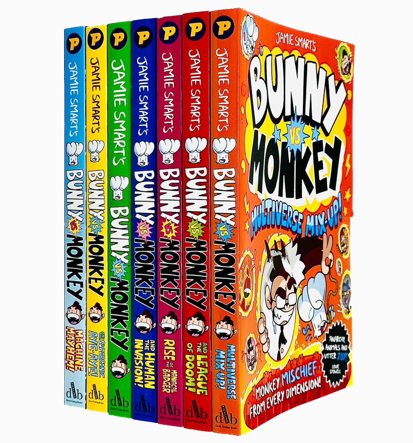 Front covers of the full Bunny vs Monkey 7-book paperback collection by Jamie Smart fanned out, showing colorful cartoon cover art for ages 5 and up.