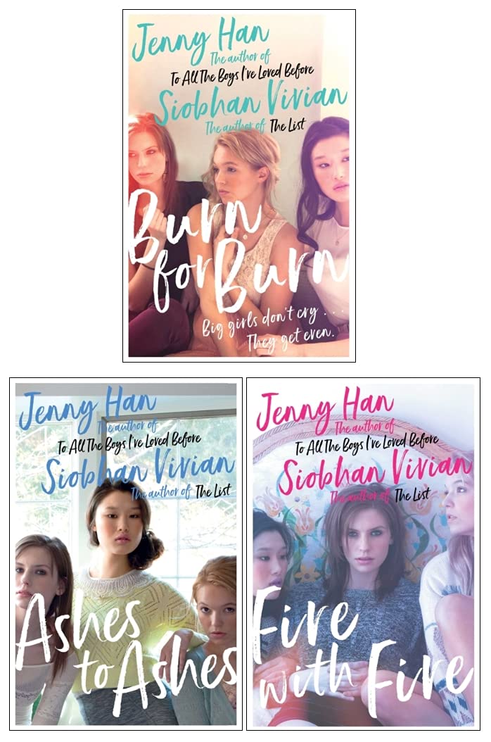 Front covers of all three paperback books in the Burn for Burn trilogy box set by Jenny Han and Siobhan Vivian, fanned out together.