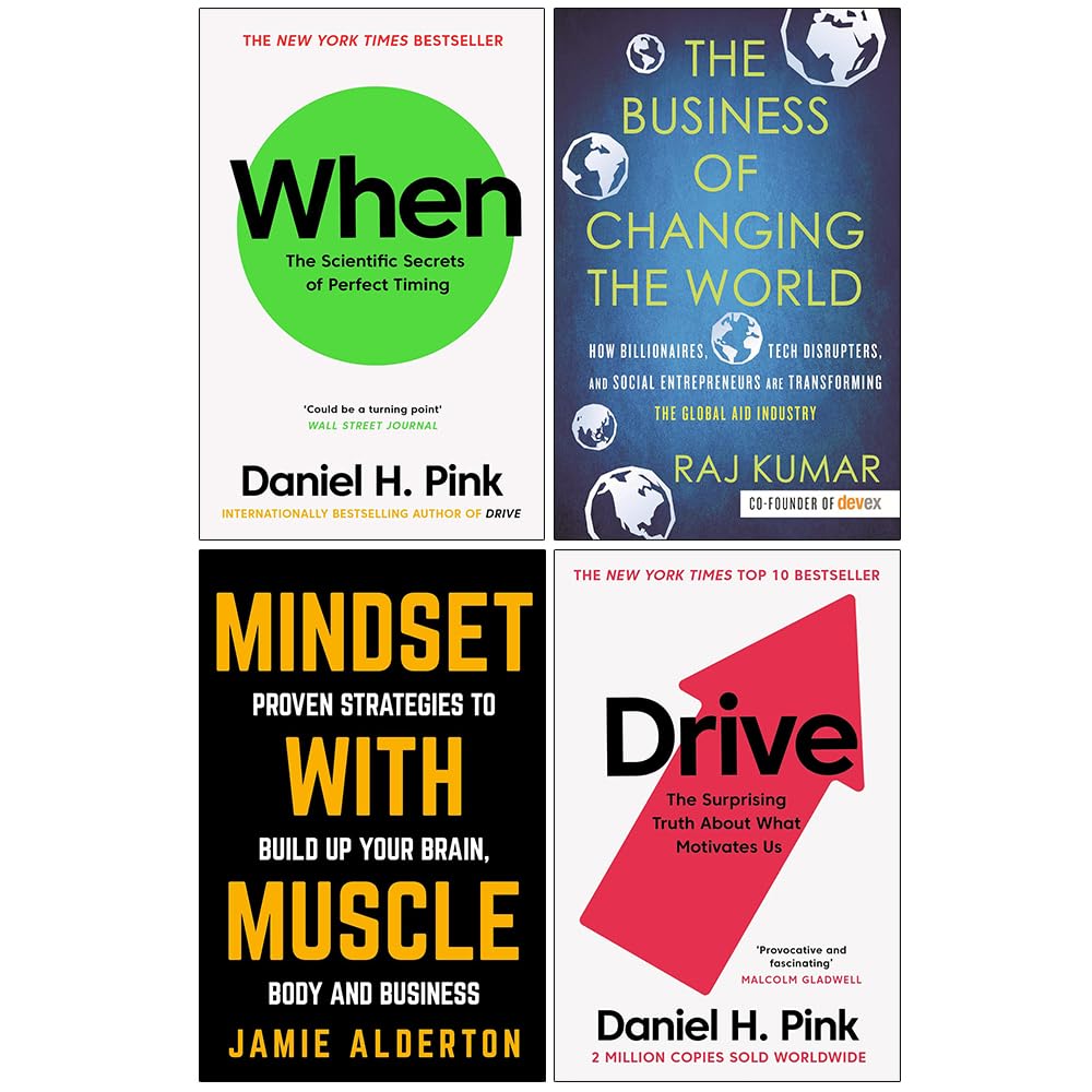 Front cover of the Business and Personal Performance 4 Books Collection Set paperback, featuring When, Drive, The Business of Changing the World, and Mindset With Muscle
