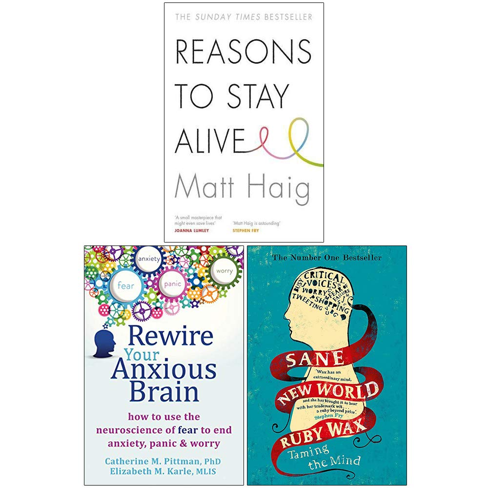 Calm Mind Collection 3 book paperback set front cover featuring Reasons to Stay Alive by Matt Haig, Rewire Your Anxious Brain, and Sane New World by Ruby Wax