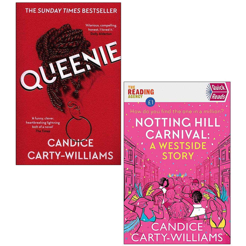 Front cover of Candice Carty-Williams 2 book paperback set featuring Queenie and Notting Hill Carnival: A West Side Story