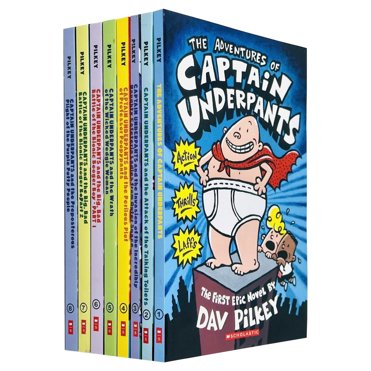 Captain Underpants 8 book paperback set fanned out showing all eight titles