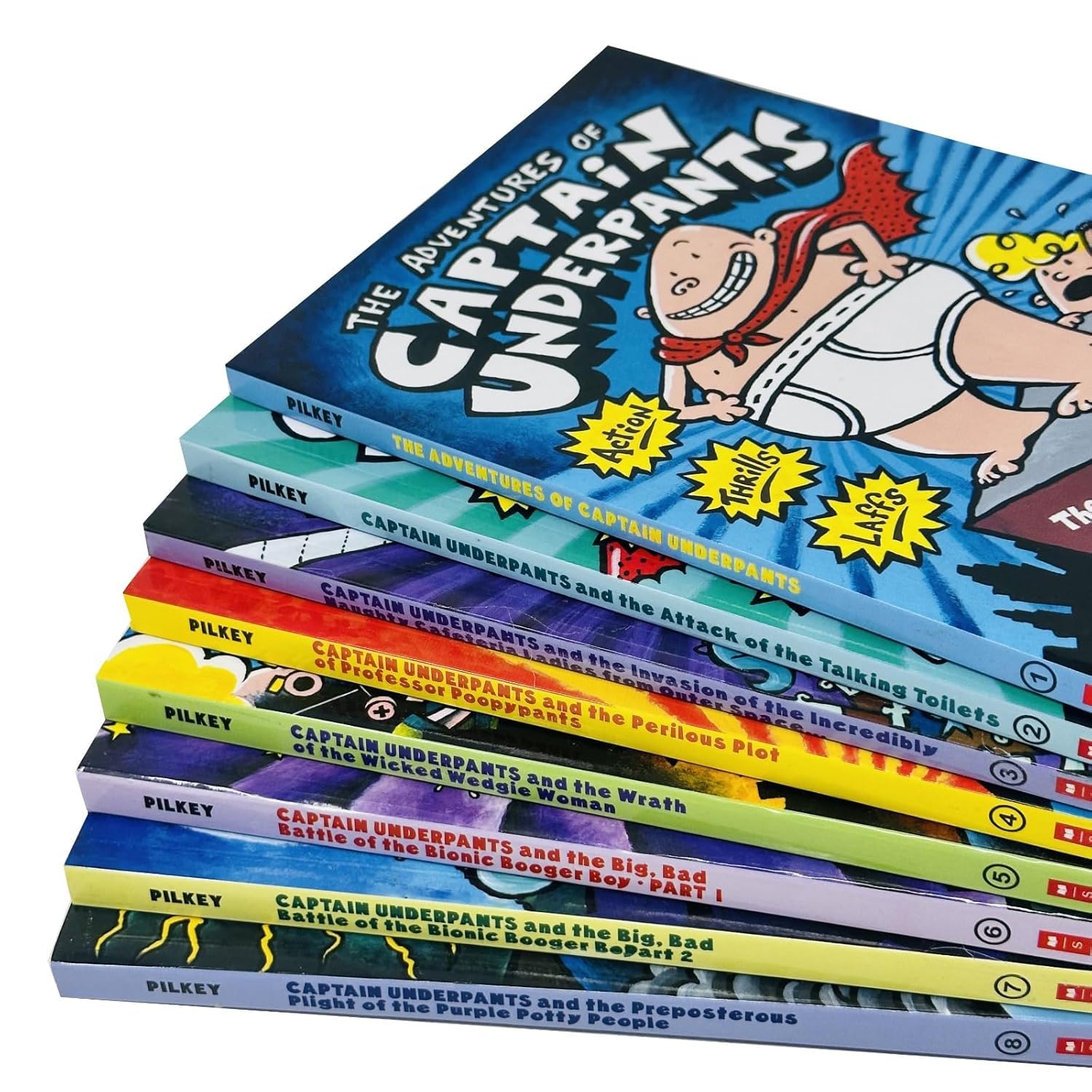 Back cover of Captain Underpants 8 Books Collection Set paperback showing book descriptions