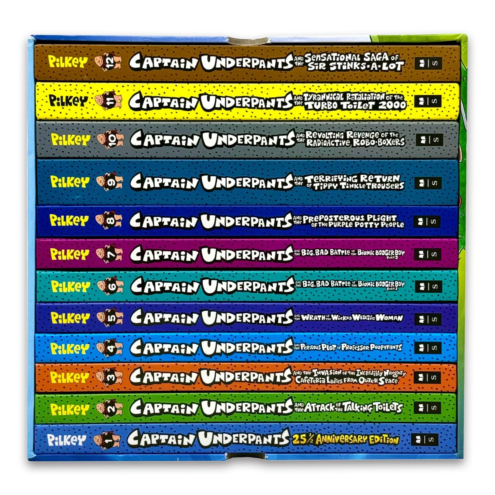 Captain Underpants Forever boxed set back of box listing all twelve full-color hardcover titles by Dav Pilkey