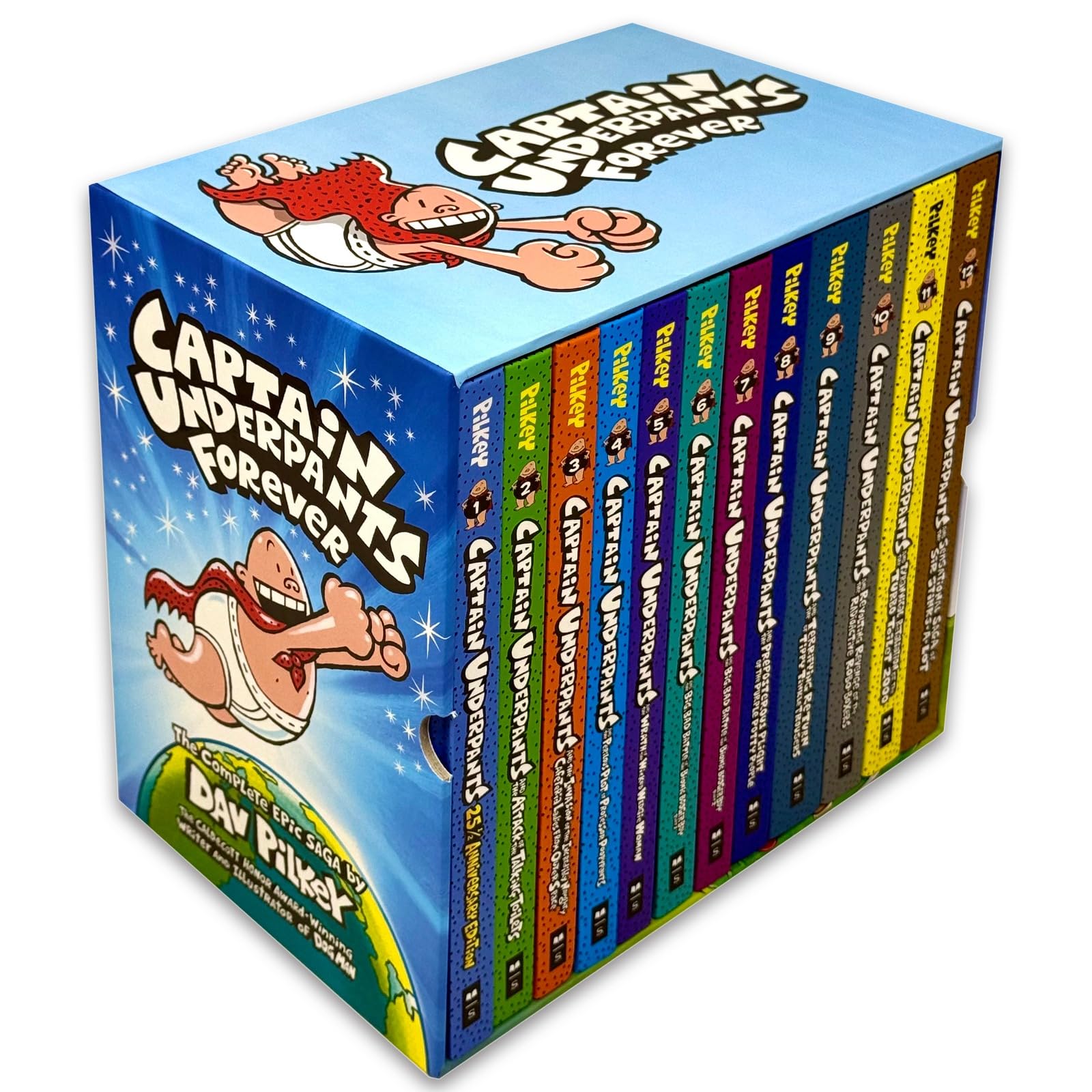 Stack of Captain Underpants Forever hardcover books fanned out showing full-color spines for ages 7-10