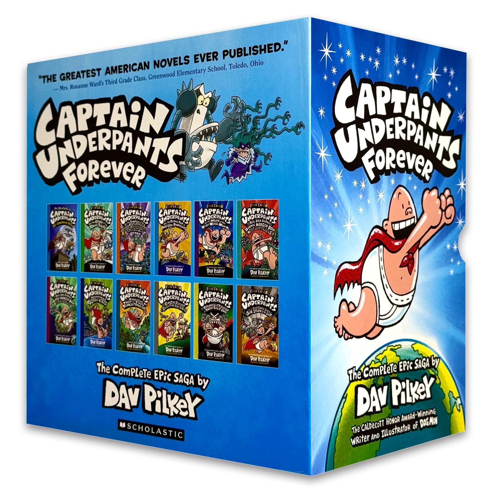 Close-up of a Captain Underpants hardcover book cover from the Dav Pilkey 12-book collection