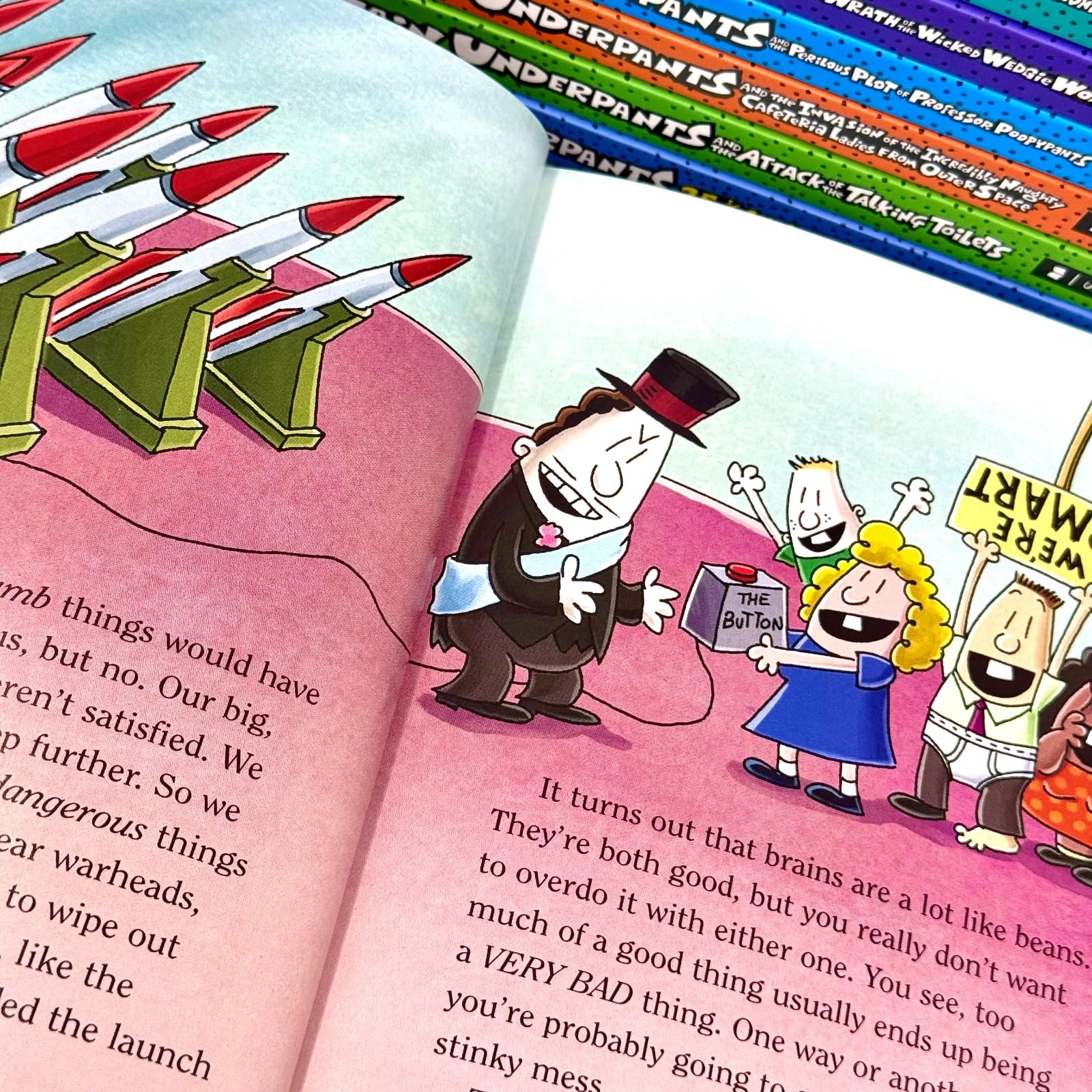 Inside page spread from a Captain Underpants hardcover novel showing Flip-O-Rama comic-style artwork