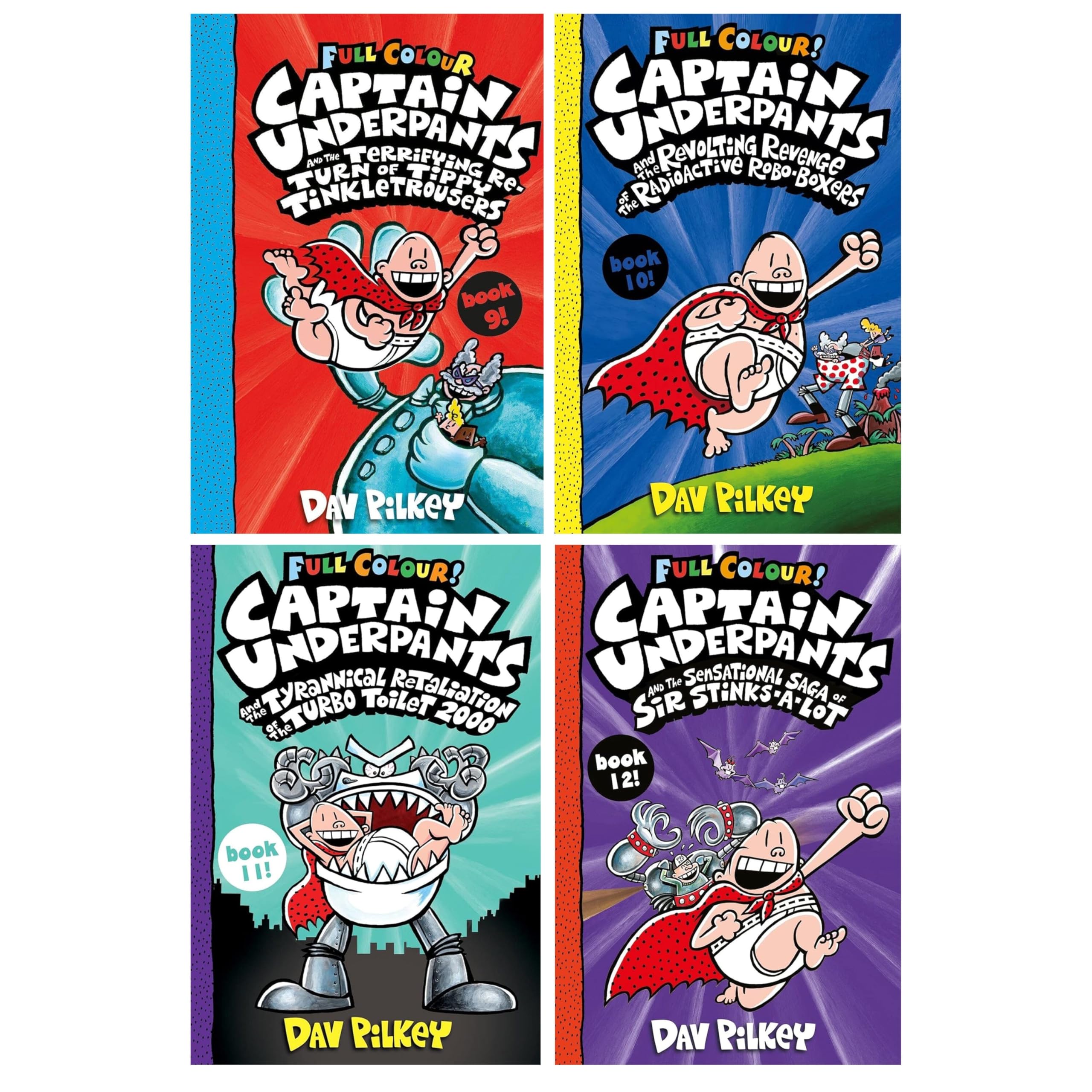 Captain Underpants Series Books 9-12 by Dav Pilkey, 4-book paperback set front cover artwork for ages 7-11