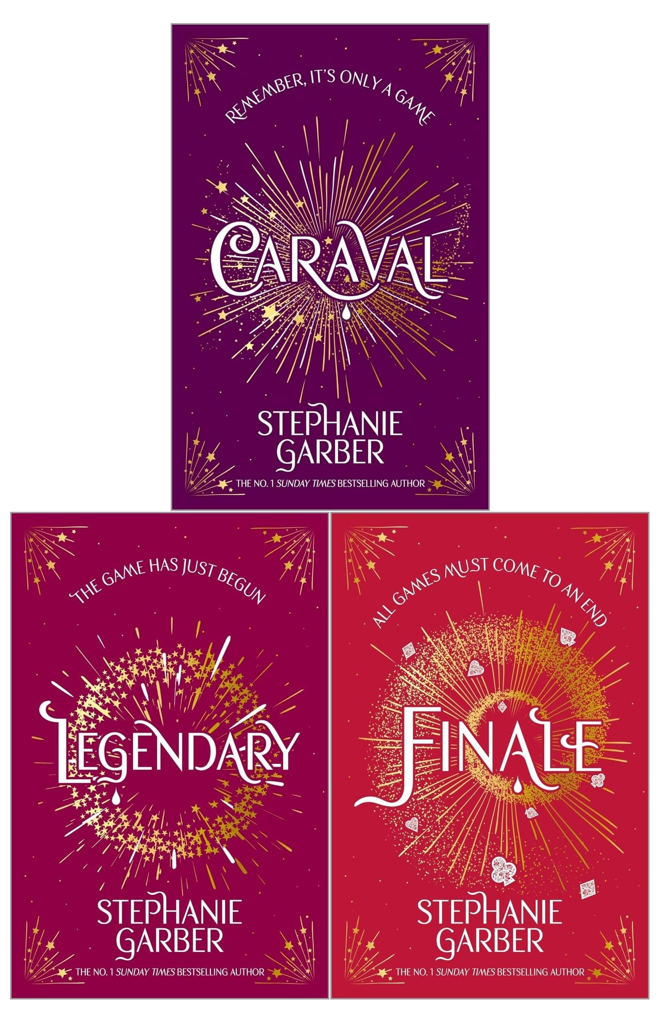 Front covers of the Caraval trilogy paperback set by Stephanie Garber, showing Caraval, Legendary, and Finale for young adult readers.
