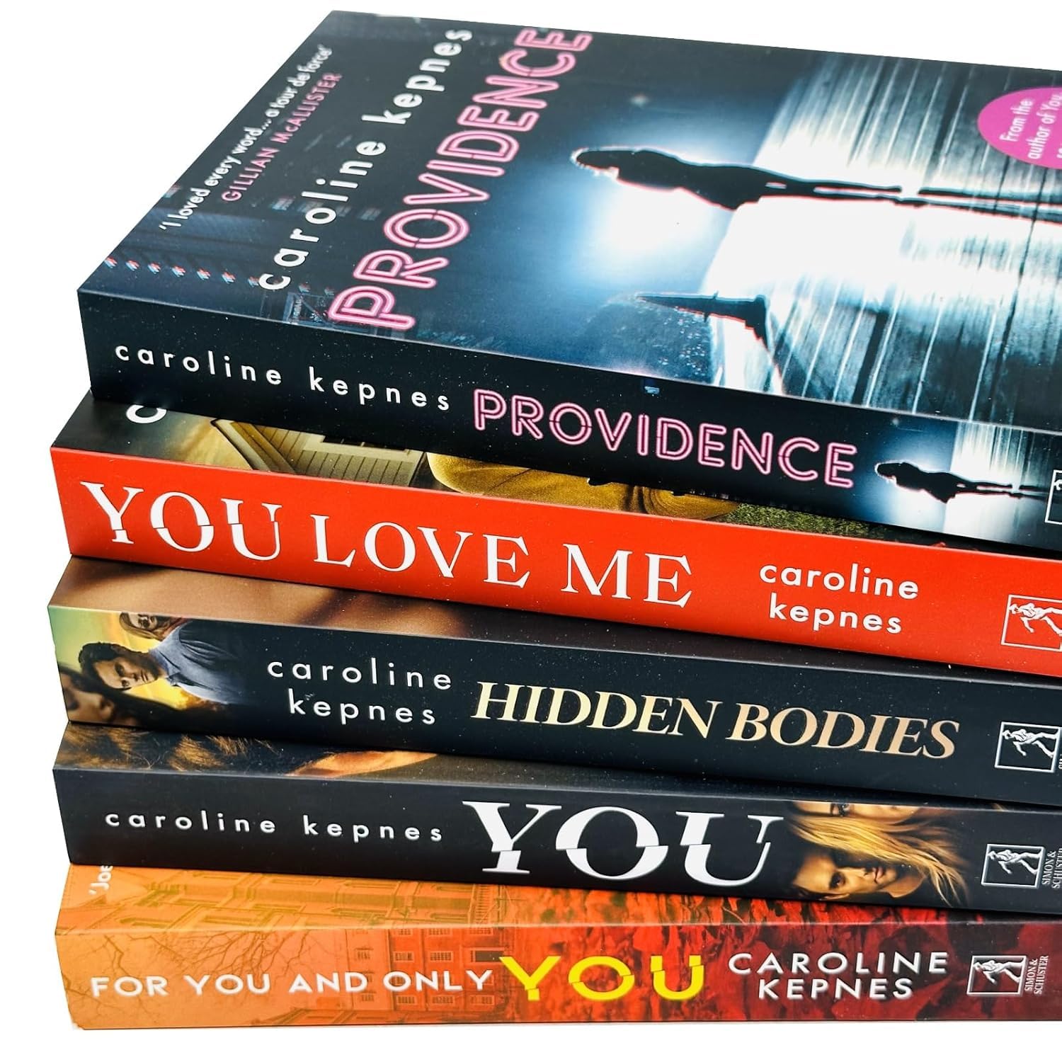 All five Caroline Kepnes paperback novels fanned out showing individual spines and cover art
