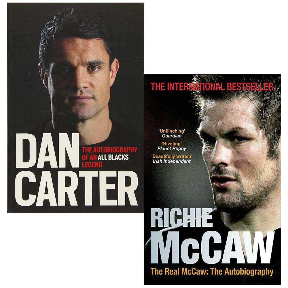 Carter & McCaw Rugby Autobiographies 2-book paperback set displayed on a wooden table, front covers of Dan Carter and Richie McCaw memoirs visible.