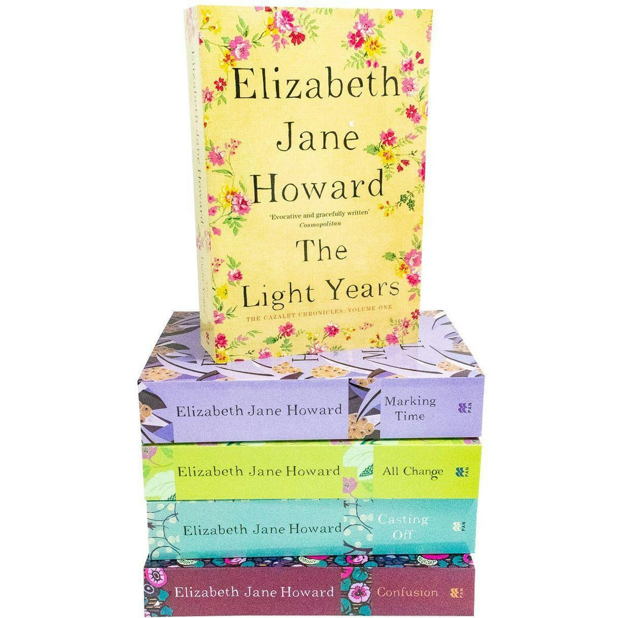 Close-up of the Cazalet Chronicles paperback set spines showing The Light Years, Marking Time, Confusion, Casting Off, and All Change.