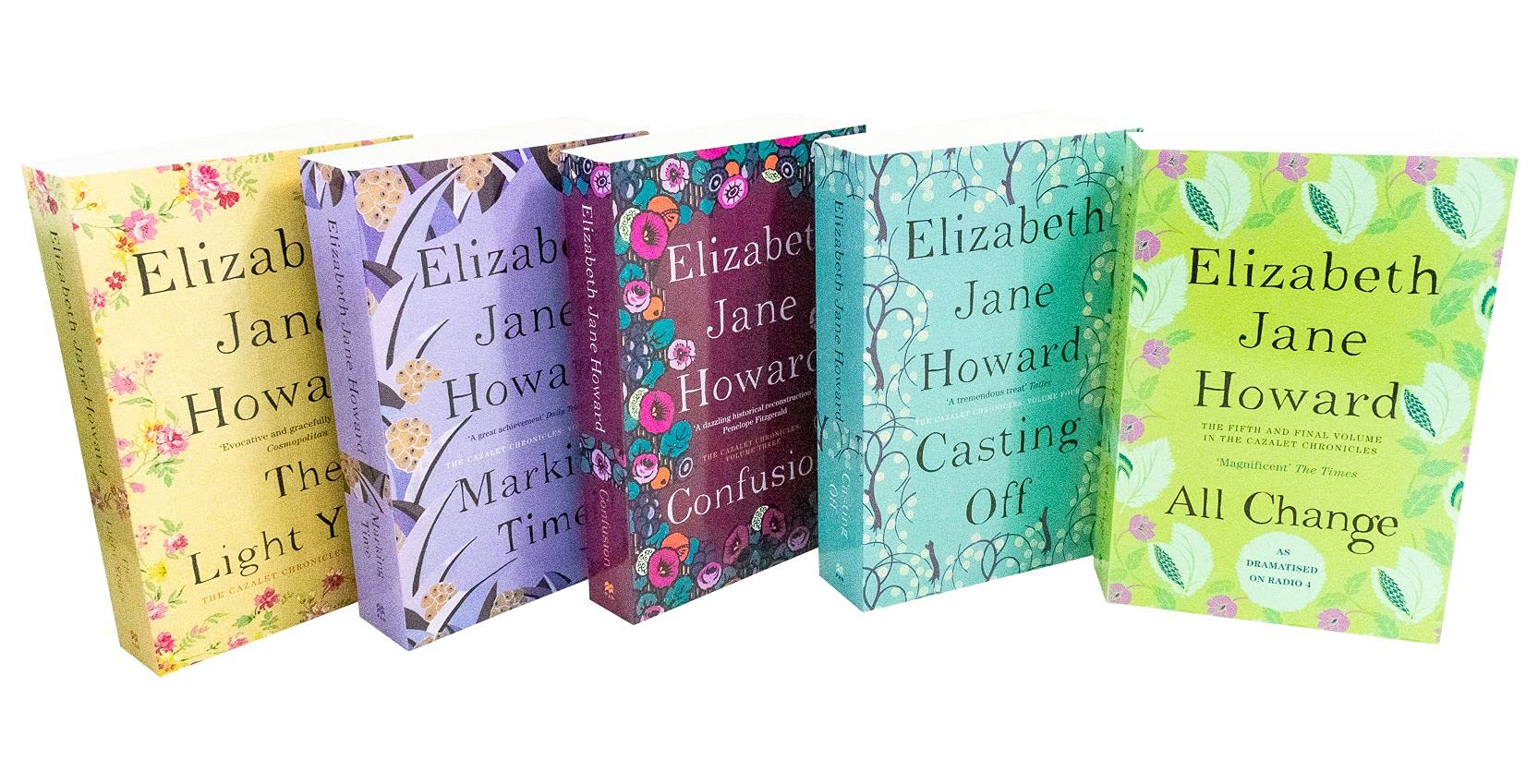 Close-up of Cazalet Chronicles paperback set cover art by Elizabeth Jane Howard, historical fiction family saga