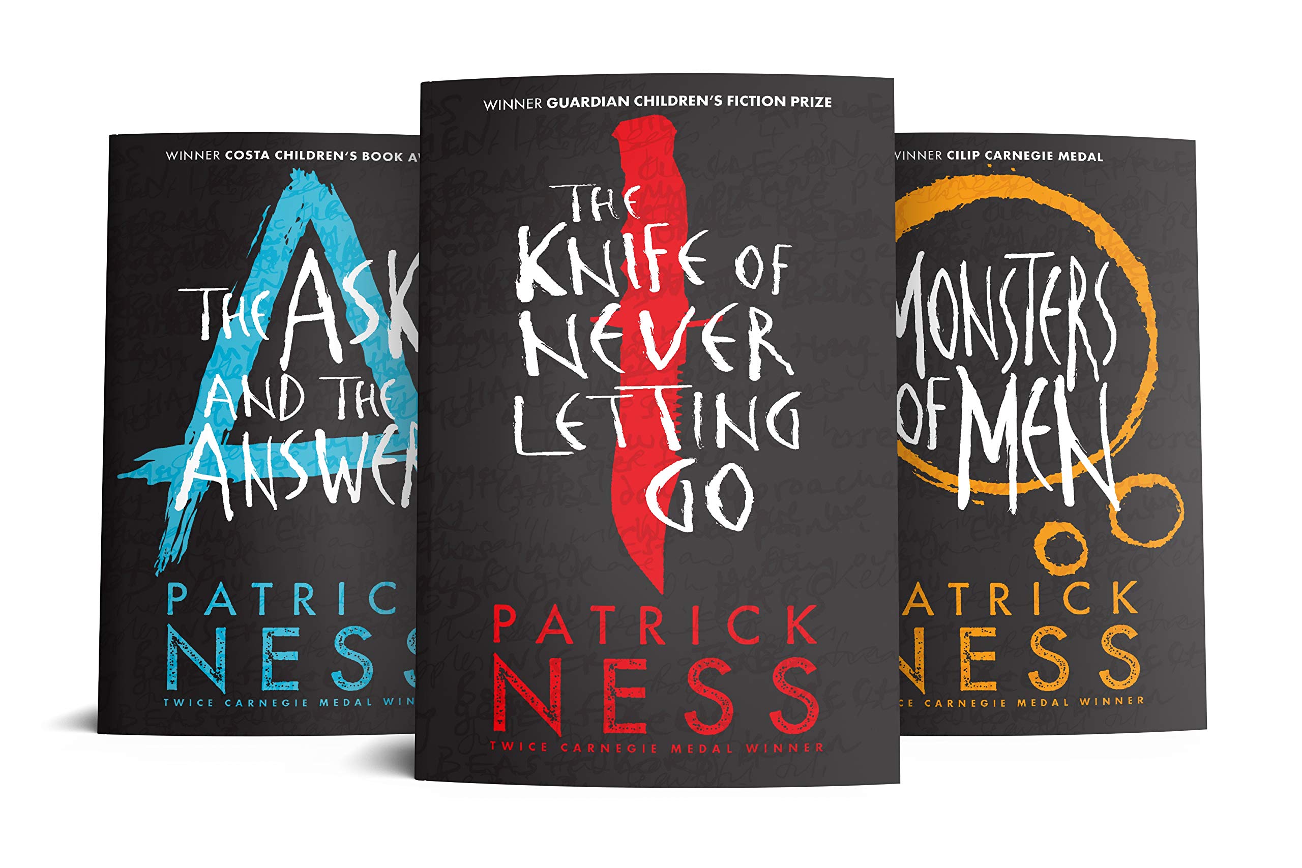 All three Chaos Walking paperback books fanned out from the boxed set slipcase by Patrick Ness