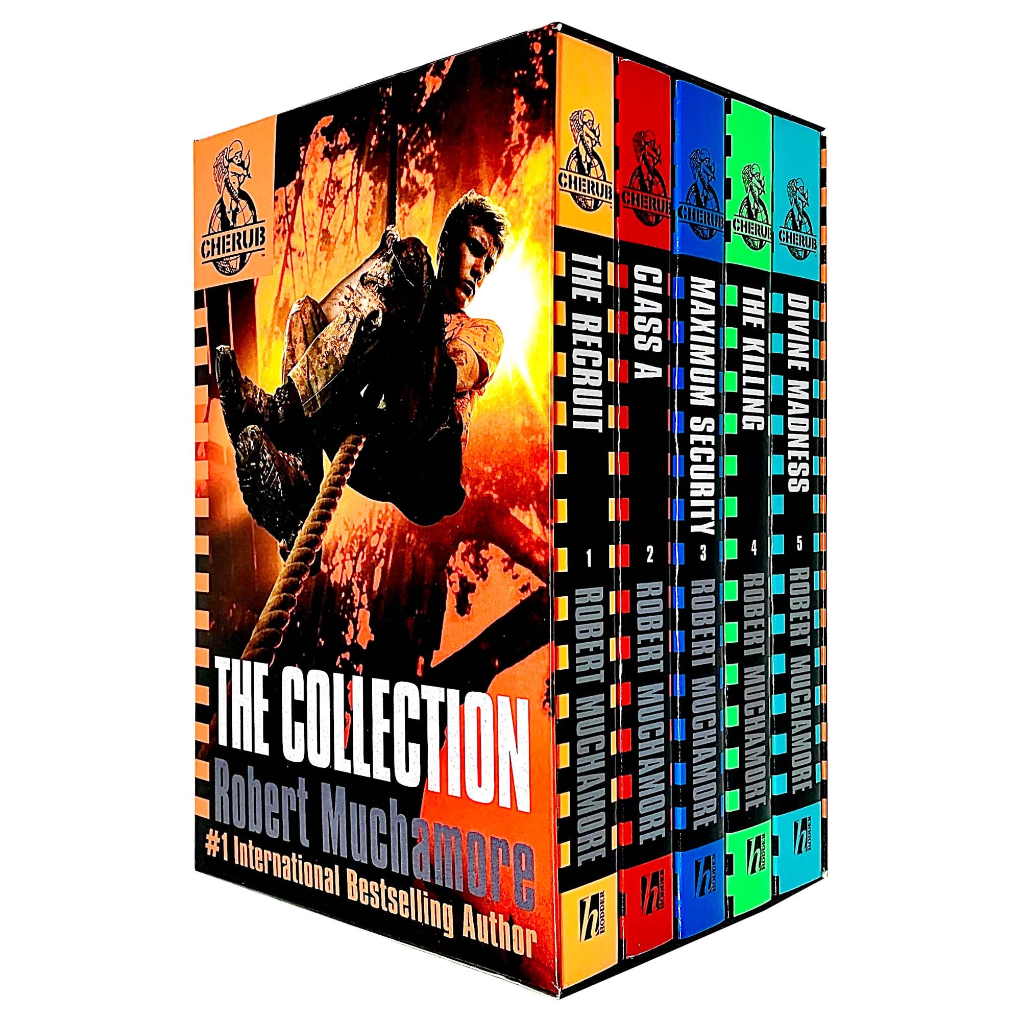 Front cover of the CHERUB Series 1 5-book paperback collection set by Robert Muchamore, showing The Recruit and Class A covers.