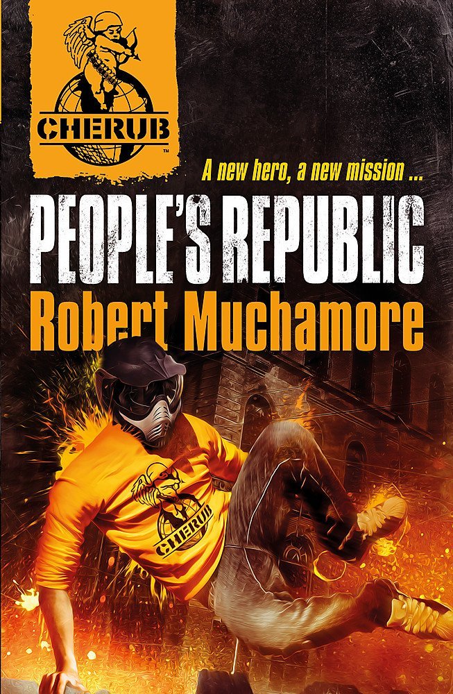 Cherub Series 5 paperback books fanned out showing colorful cover artwork for Brigands M.C., Shadow Wave, People's Republic, Guardian Angel, and Black Friday.