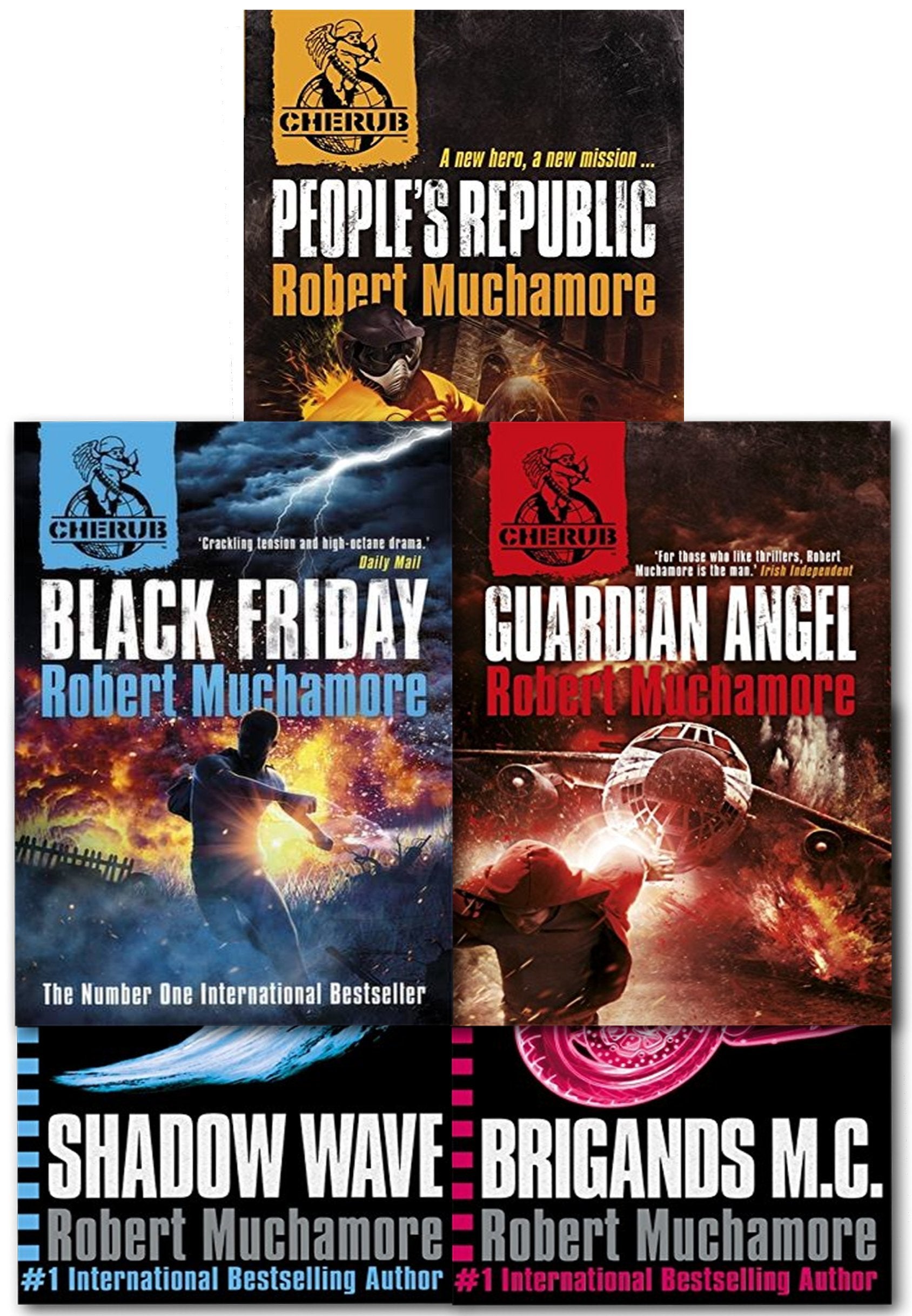 Cherub Series Books 11-15 by Robert Muchamore, 5 paperback books stacked on a wooden surface.