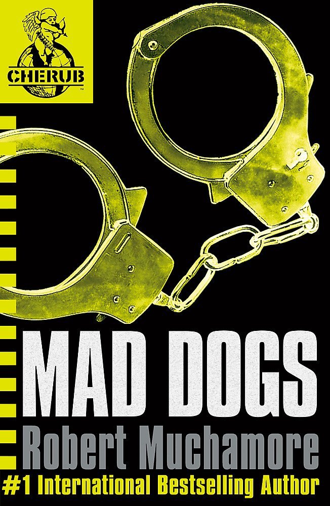 Close-up of the CHERUB paperback set covers, showing cover artwork for Man vs Beast, The Fall, Mad Dogs, The Sleepwalker, and The General.