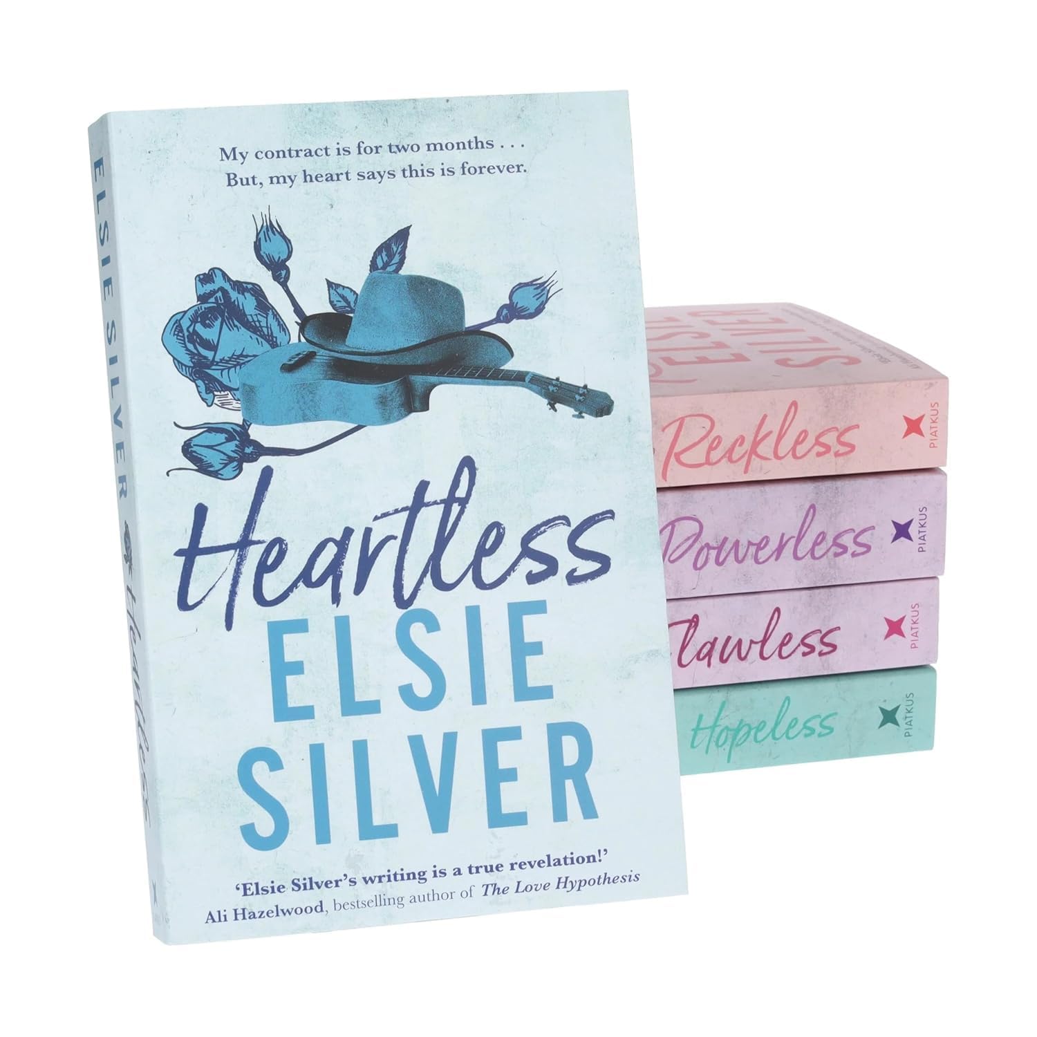 Front covers of all five Chestnut Springs paperback books by Elsie Silver (Flawless, Heartless, Powerless, Reckless, Hopeless) arranged together.