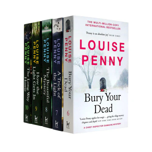 The five Sphere paperback editions of the Chief Inspector Gamache Series 6-10 by Louise Penny fanned out to show individual cover designs.