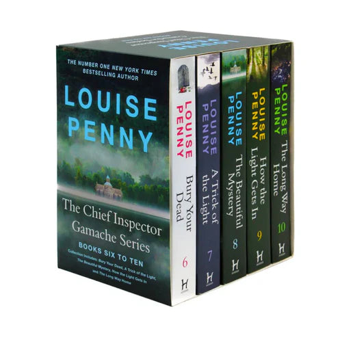 Front view of the Chief Inspector Gamache Series 6-10 paperback box set by Louise Penny, showing five book spines in a white and blue design.