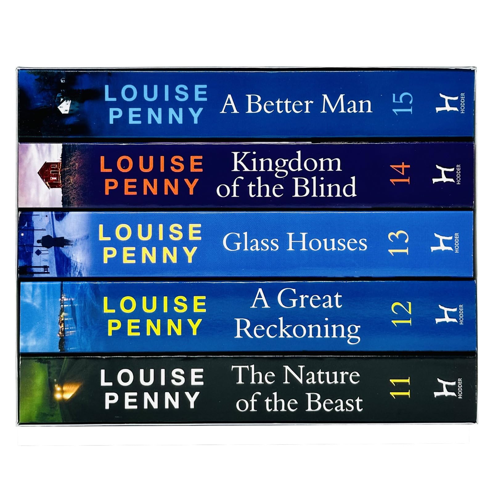 Full set of five Louise Penny Gamache paperback novels fanned out to show each cover design in the collection.