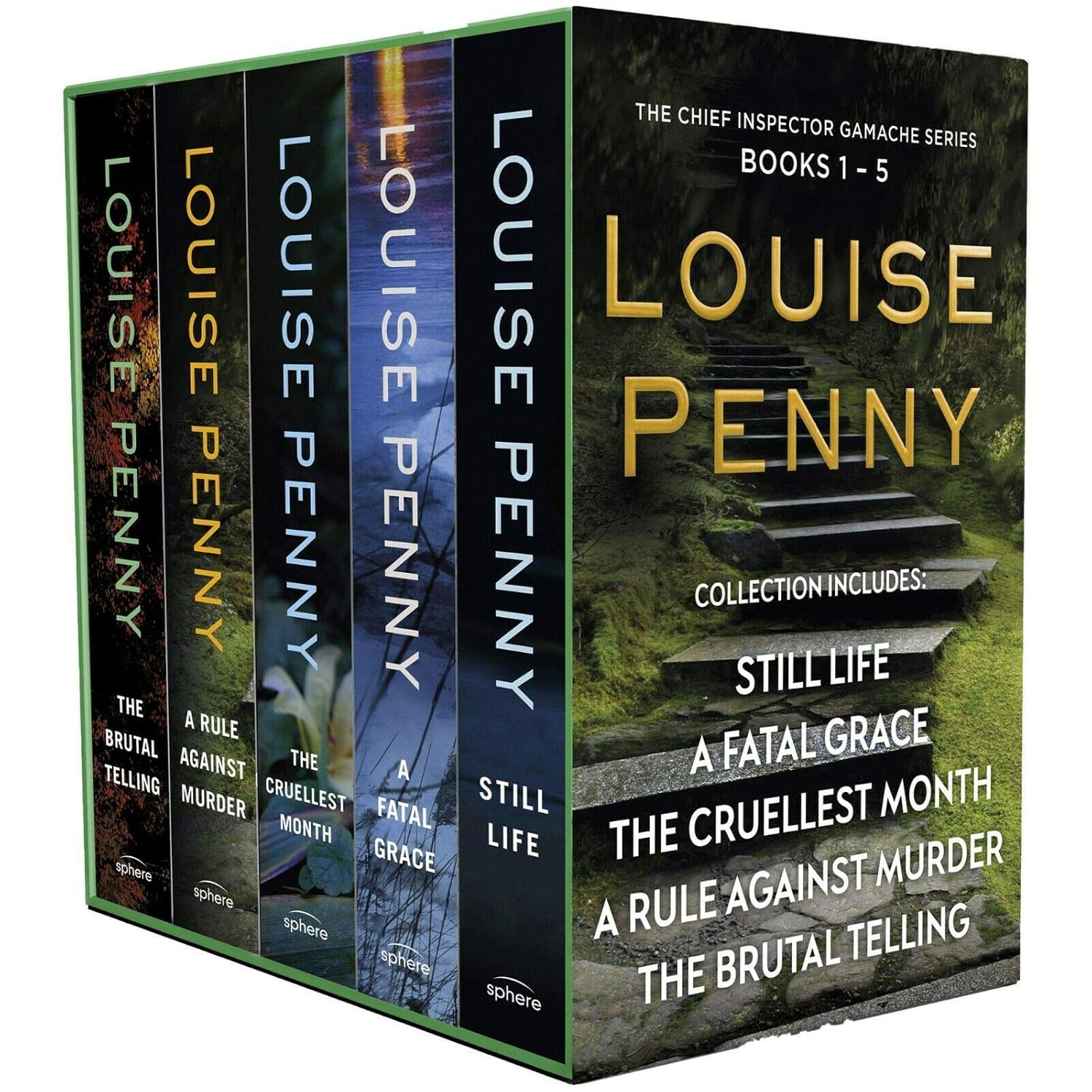 Chief Inspector Gamache Series by Louise Penny, all four paperback books displayed together on a wooden surface, showing front covers.