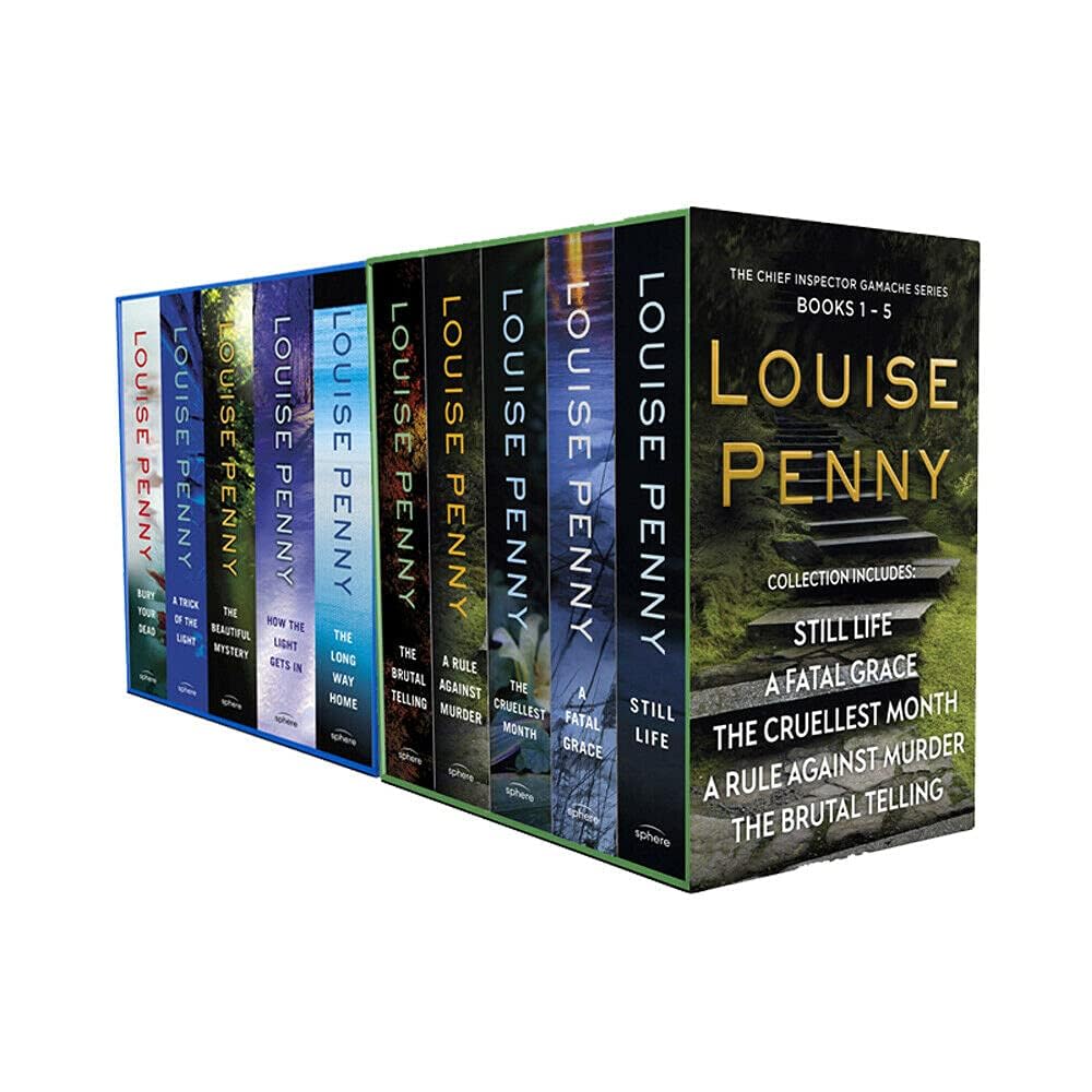 All 10 individual paperback books in the Chief Inspector Gamache series by Louise Penny fanned out showing each cover